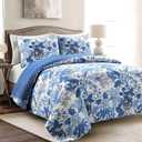 Lush Decor Sydney Reversible Cotton Quilt Set, 3 Piece Set, King, Navy & White - Cotton Bedding Set - Navy Floral Quilt - Cottage Decor - Bedding King Size