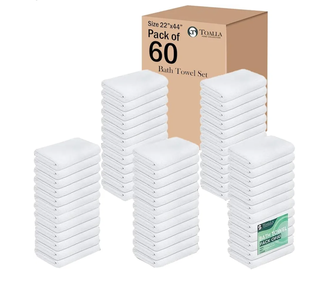 100% Cotton Bath Towel Set Pack of 60|500 GSM|Soft Large Bath Towel|Super Absorbent|Quick Dry|Ideal for Pool Home Gym Spa Hotel|Perfect for Daily Use|Bath Towel Set 24 x 44 Inches|White