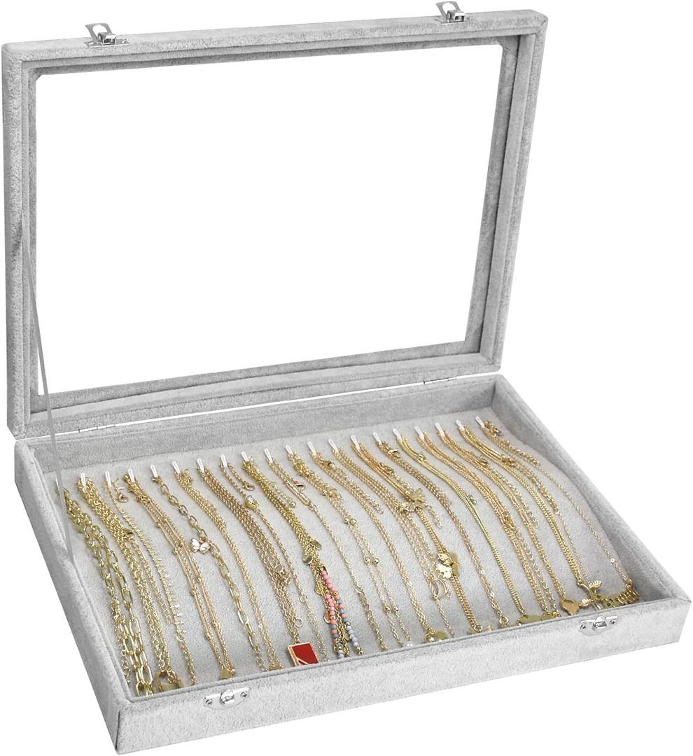 Siveit Necklace Organizer Box Premium 20 Hooks Necklace Display Jewelry Tray with Transparent Lid Jewelry Necklace Display Box for Necklace Pendants Suitable for Women and Girls (Grey)