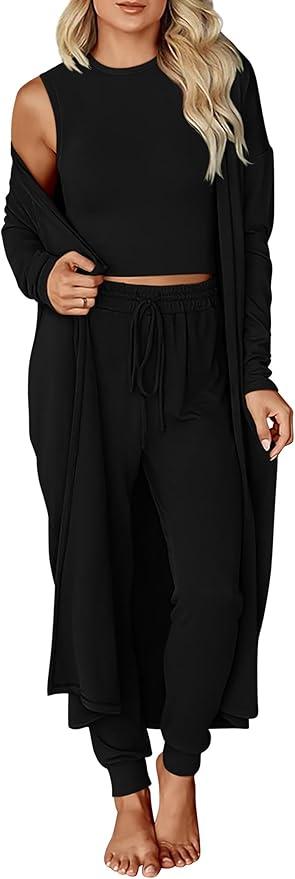 3 Piece Lounge Sets for Women Airplane Travel Outfits 2025 Fall Cardigan Sleeveless Top Pants Sets Matching Clothing, Size Small, Black