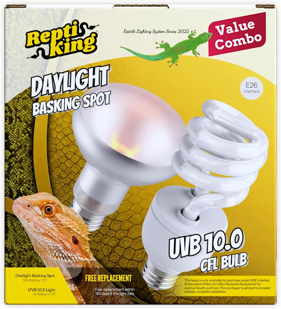 Reptile 100W Basking Spot Bulb & 10.0 24W UVA UVB Bulb Combo  Dual Pack Heat Lamp Bulbs for Reptiles & Amphibians, Heat Lamp for Bearded Dragons, Turtles, Tortoises, Snake Tank Accessories