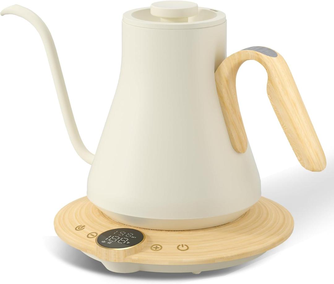 Cocinare Gooseneck Electric Kettle, 1F Precise Temperature Control, 1500W Fast Heating, Pour Over Coffee & Tea Kettle with Brew Timer & Keep Warm, Stainless Steel, 0.9L (White Maple)