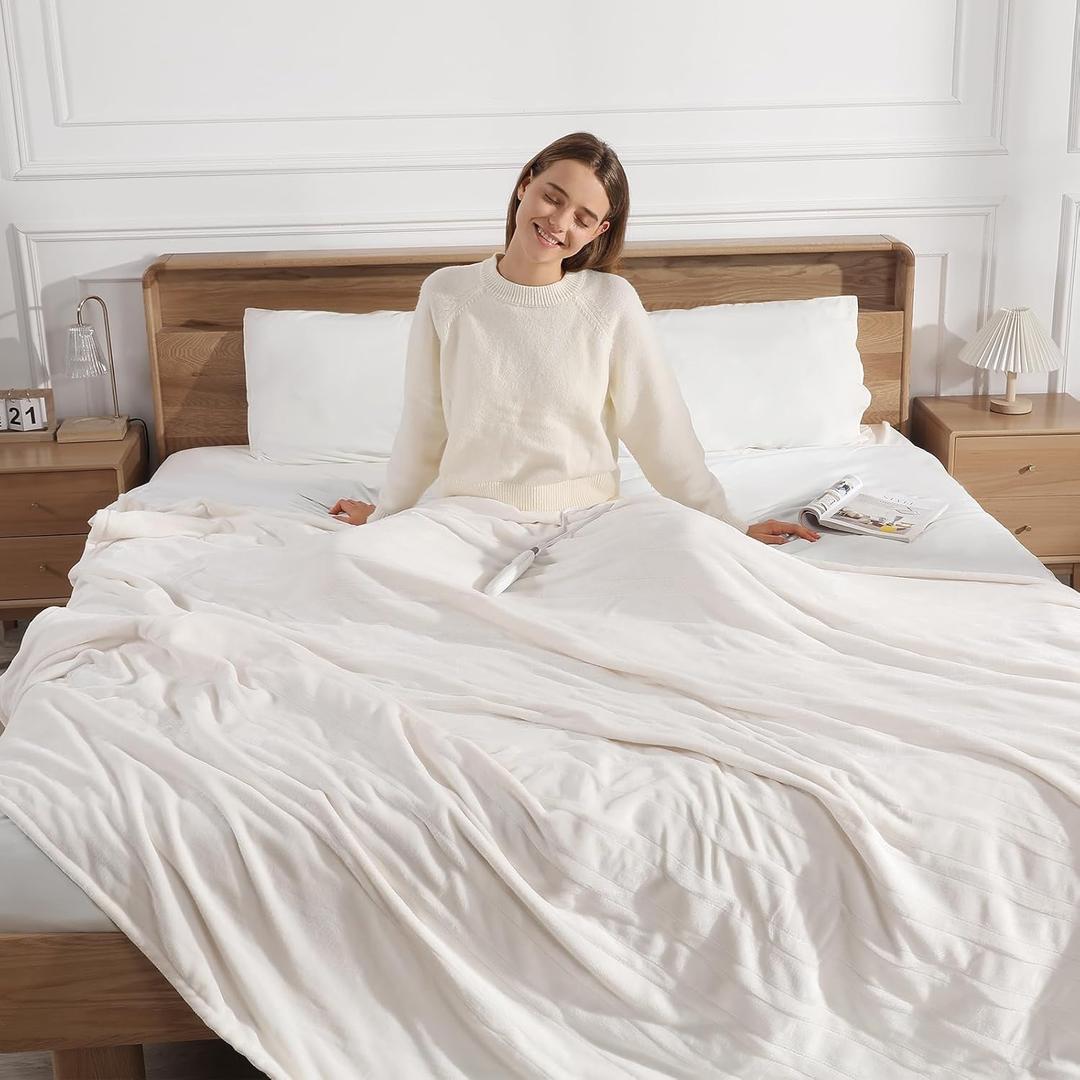 Queen Electric Blanket Dual Control Heated Blanket - Soft Warm Flannel Electric Blanket with 5 Heating Level & 10 Hour Auto Off, ETL Certified & Machine Washable for Grandma Gifts(Cream White) (84" x 90" Queen)