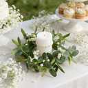 8 Pcs Green Artificial Eucalyptus Candle Rings Wreaths Mini Green Kitchen Cabinet Wreath Table Centerpieces Spring Summer with White Berry for Pillars Farmhouse Porch Front Door Wedding Decor