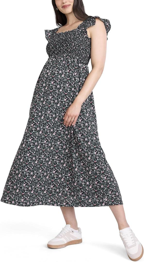 Motherhood Maternity Women's Sleeveless Ruffle Shoulder Smocked Maxi Pregnancy Dress (M)