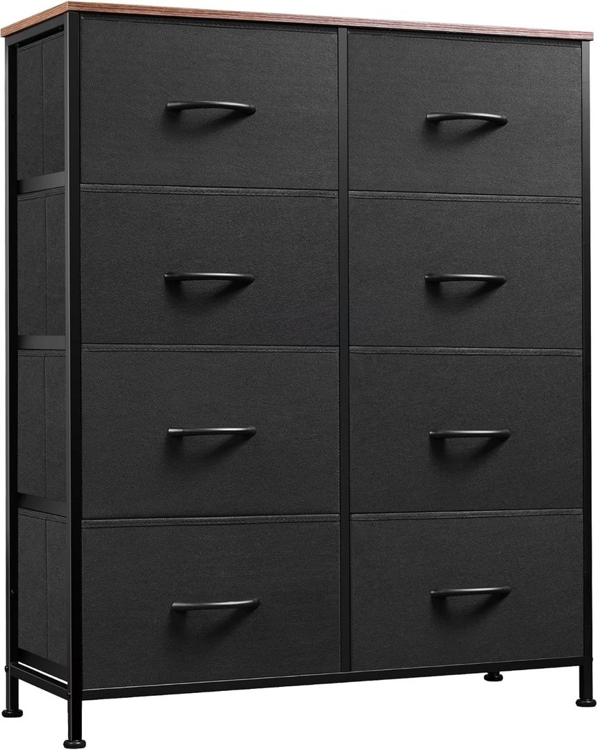 WLIVE Tall Fabric Dresser with 8 Drawers, Storage Tower with Fabric Bins, Double Dressers, Chest of Drawers for Closet, Bedroom, Living Room, Hallway, Dorm, Black and Rustic Brown