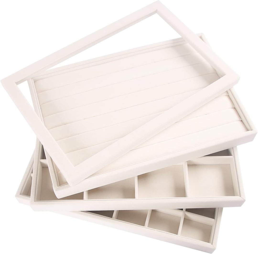 Coward Stackable Jewelry Trays Organizer Set with Clear Lid, Trays for Drawer, Earring Necklace Bracelet Ring Display Organizer (beige(ring+12girds+30girds+The glass lid))