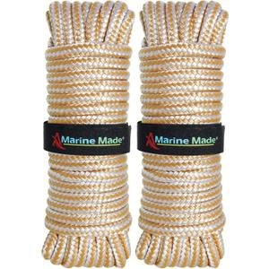 Amarine Made 2 Pack of 3/4 Inch 30 Feet Double Braid Nylon Dockline Mooring Rope Double Braided Dock Line, Working Load Limit: 1900LBS, Breaking Strength: 9500LBS (White Gold)