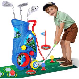 Toddler Golf Set with Shoulder Strap for Kids Ages 2-5, Portable Golf Clubs, Cart & Putting Mat - Indoor Outdoor Sports Toys - Blue