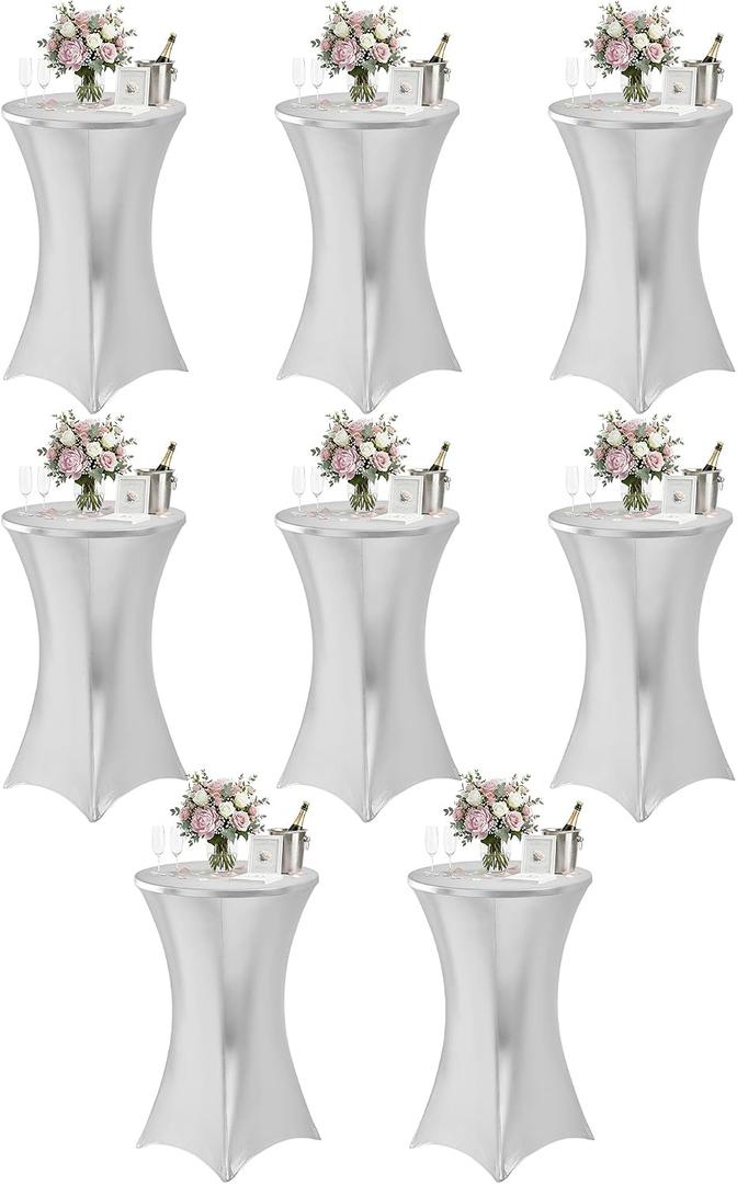 Cocktail High Top Table Covers - 32x43 Inch Fitted Spandex Round Cocktail Tablecloth for Bar Height Standing Table Cloths Reusable, for Party Wedding Banquet Event Decorations, Shiny White, 8 Pack