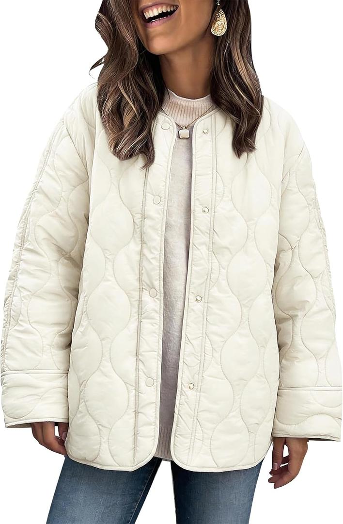 PEHMEA Women's Oversized Lightweight Quilted Jacket Button Down Fall Winter Coats Puffer Padded with Pockets (Beige, XL)