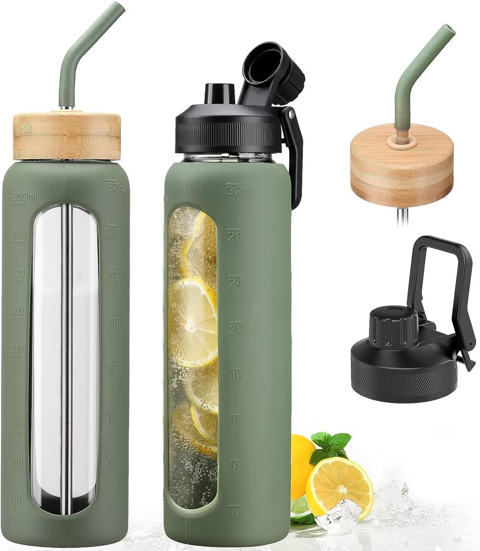 32oz Glass Water Bottle with Straw and 2 Lids- Bamboo and Spout Lid,Motivational Sports Water Bottle with Silicone Sleeve and Time Marker,Reusable for Gym, Outdoors, Olive