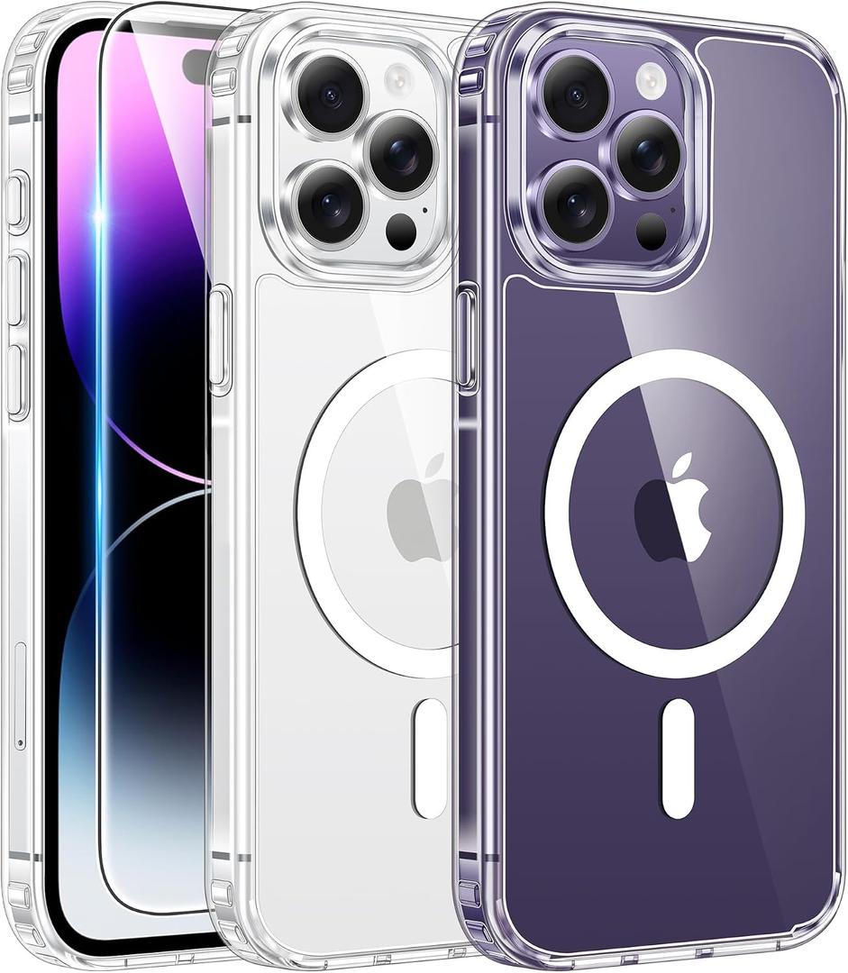FNTCASE for iPhone 14 Pro-Max Case: Clear Magnetic Phone Cases with Screen Protector Compatible with Magsafe Slim Anti Yellowing Rugged Shockproof Protective Transparent Cell Cover (A-Clear)