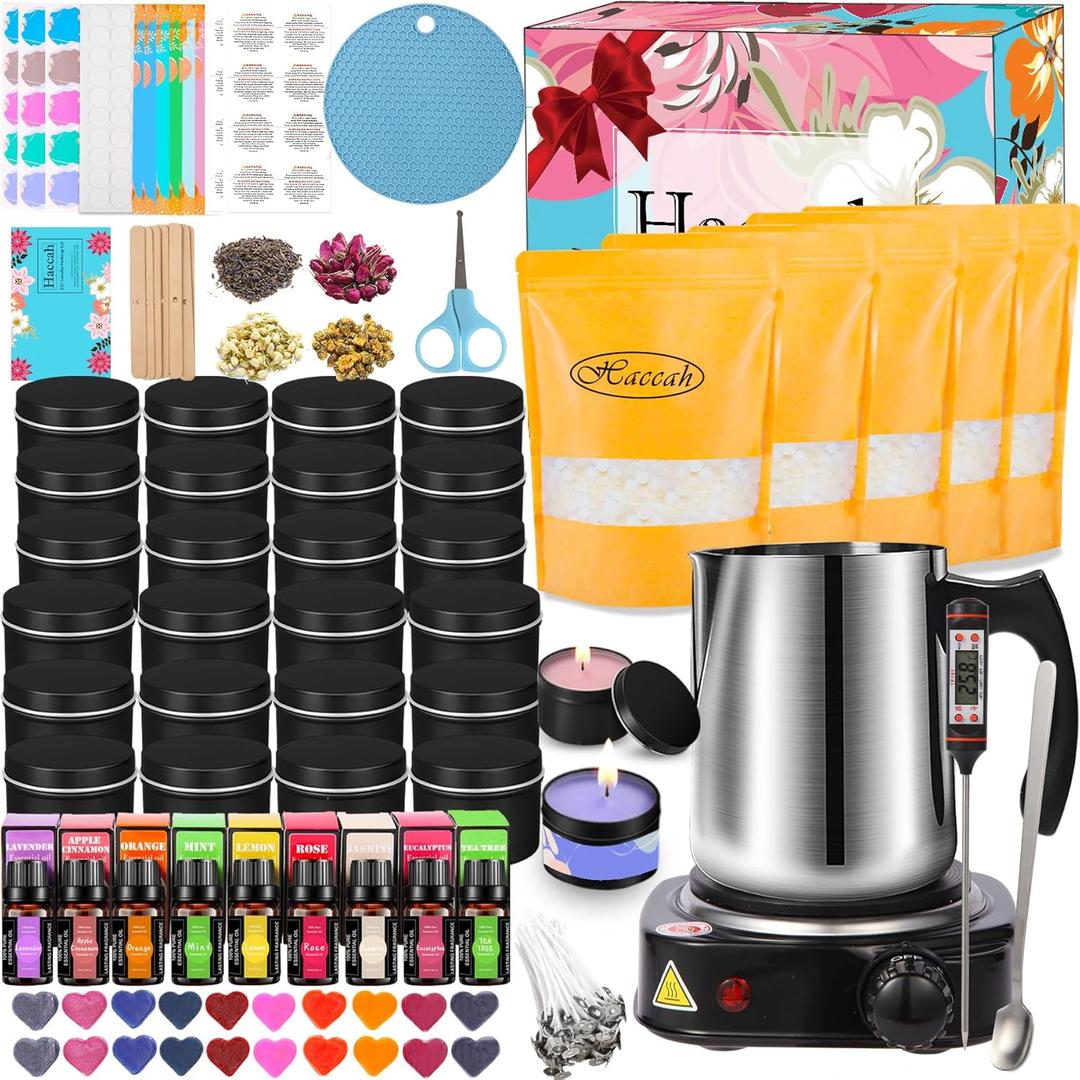 Haccah Candle Making Kit with Wax Melter, DIY Arts&Crafts Gift for Adults,Beginners,Candle Making Supplies,Including Electronic Stove, Rich Scents,Wicks, Candle tins, Dyes, Stickers, Melting Pot