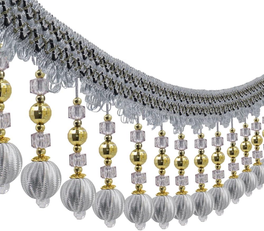 3yards Pom Pom Fringe Trim Beading Ball Fringe Tassel Trimming Ribbon for Piano Cover Decorative Curtain Tape (Gray)