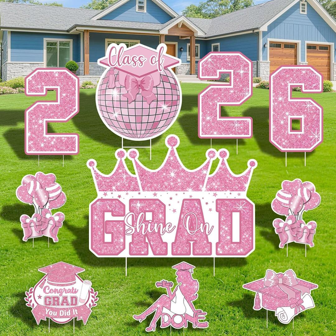 Graduation Yard Sign Class of 2026 Decorations, 10pcs Sparkling Pink Congrats Grad 2026 Lawn Yard Sign with Stakes Grad Yard Sign for High School College Indoor Outdoor Graduation Party Decor Supplies