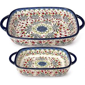 Polish Pottery Style Ceramic Baking Dish Set, 2-Piece Large & Small Casserole Bakers for 23 People, Floral Oven-to-Table Bakeware, Microwave & Dishwasher Safe, Gift-Ready with Protective Packaging (Olive Garland)