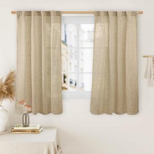 LAMIT 45 Inch Short Window Linen Curtains, Light Filtering Panels Back Tab and Rod Pocket Neutral Drapes for Cafe/Bathroom/Loft Room, Brown, 2 Panels, 34 x 45 Inch