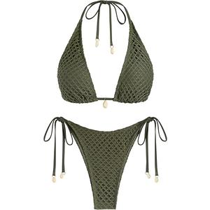 ZAFUL Women's Triangle Bikini Multiway Fishnet Tie Side Bandeau Halter String Bikini Set Two Piece Swimsuit Bathing Suits, L