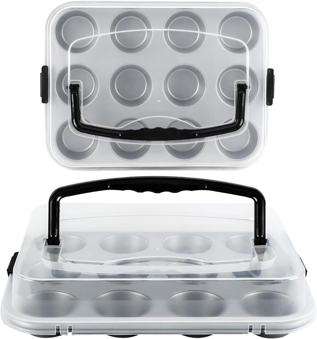 2-Pack Cupcake Pan with Lid, 12-Cup Nonstick Muffin Pan with Handle  Cupcake Carrier for Baking & Transporting, Perfect for Party, Holiday, Gathering (Silver)