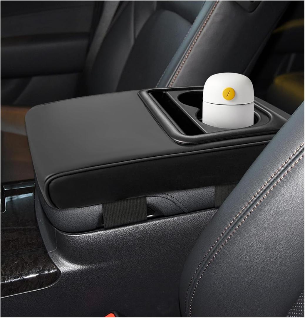 Car Center Console Armrest Pillow, Memory Foam Auto Armrest Box Cover with Cup Holder and Phone Holder, Waterproof Leather Arm Rest Protector Cushion, Interior Car Accessories (Black)