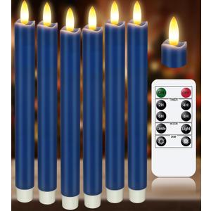 KSWING Upgraded Real Wax LED Flameless Navy Blue Taper Candles with Remote, 6 PCS Candlesticks Battery Operated 3D Flickering - 9.6" Long Realistic Fake Candle Sticks for Home/Wedding/Xmas Deco