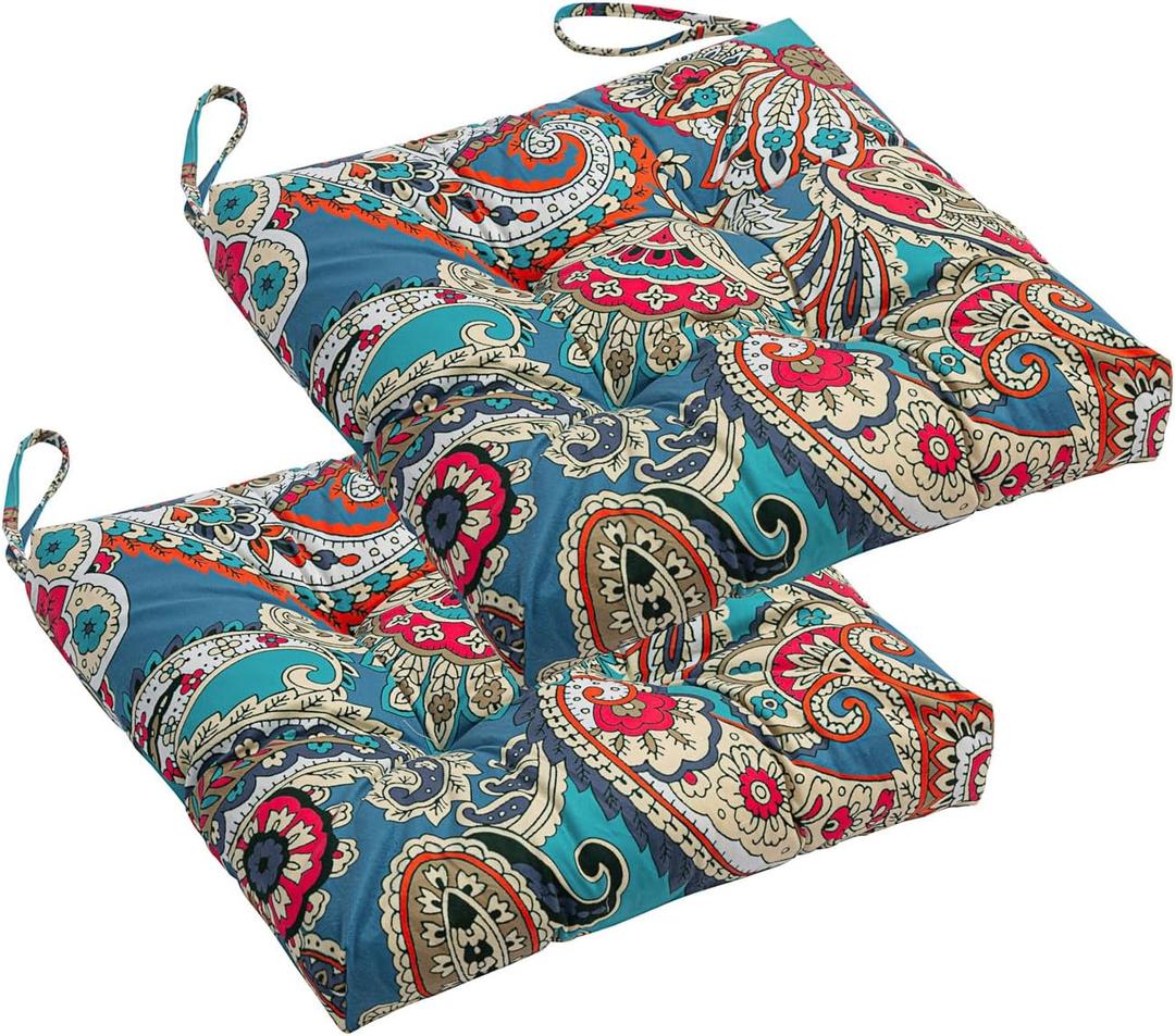 2-Pack Outdoor/Indoor Wicker Patio Seat Cushion Pad with Ties - Decorative Dining Chair Cushion, 17" x 17" (Blue Trumpet Flowers)