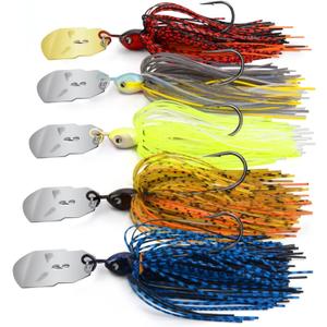 MadBite by KastKing Bladed Jig Fishing Lures, Multi-Color Kits, Irresistible Vibrating Action, Sticky-Sharp Heavy-Wire Needle Point Hooks, Popular 3/8 oz and 1/2 oz Sizes, Includes Storage Box (A1: 5 Pack (3/8oz) - Clear Water & Muddy Water)