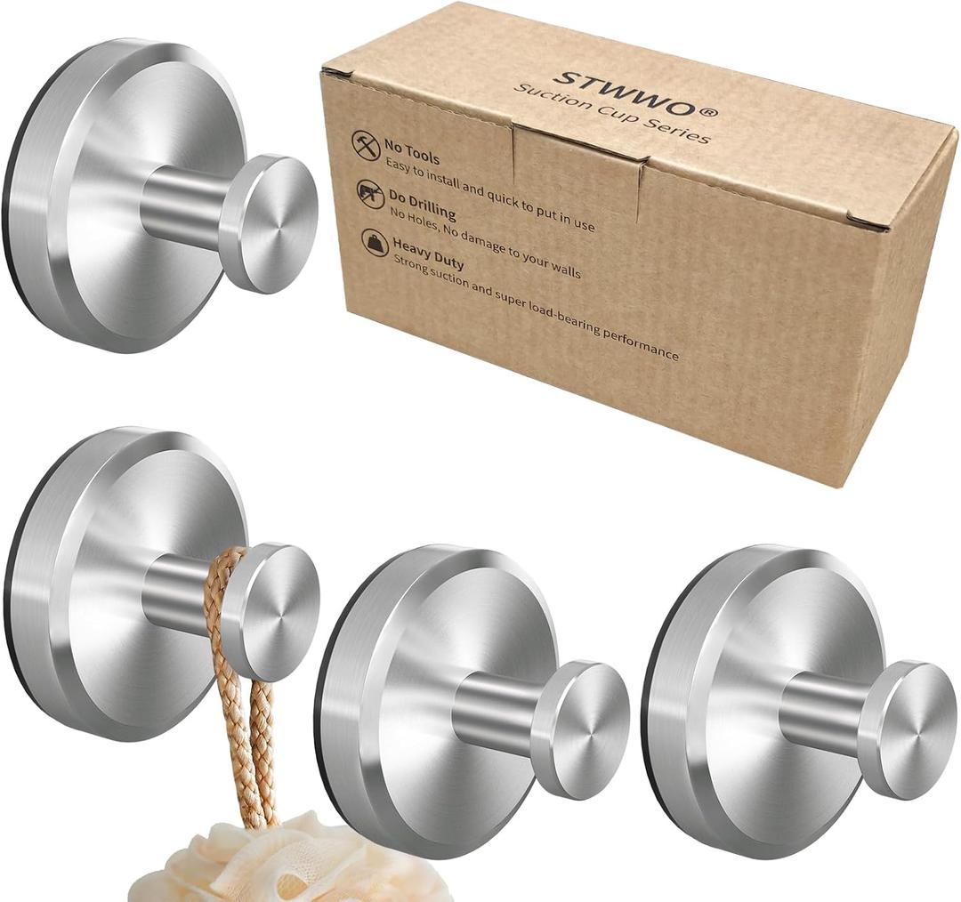 STWWO Suction Cup Hooks for Shower, Bathroom, Hanging Towels, Loofah, Robe, Mounting on Shower Glass Doors, Tile, Mirrors, Brushed Nickel, Rubber Suction Cup, 4-Pack