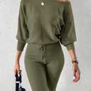 CHICME 2 Piece Lounge Outfit Long Sleeve Knit Pullover Tops Drawstring Pants Set Tracksuit Sweatsuit (Small, C-army Green)