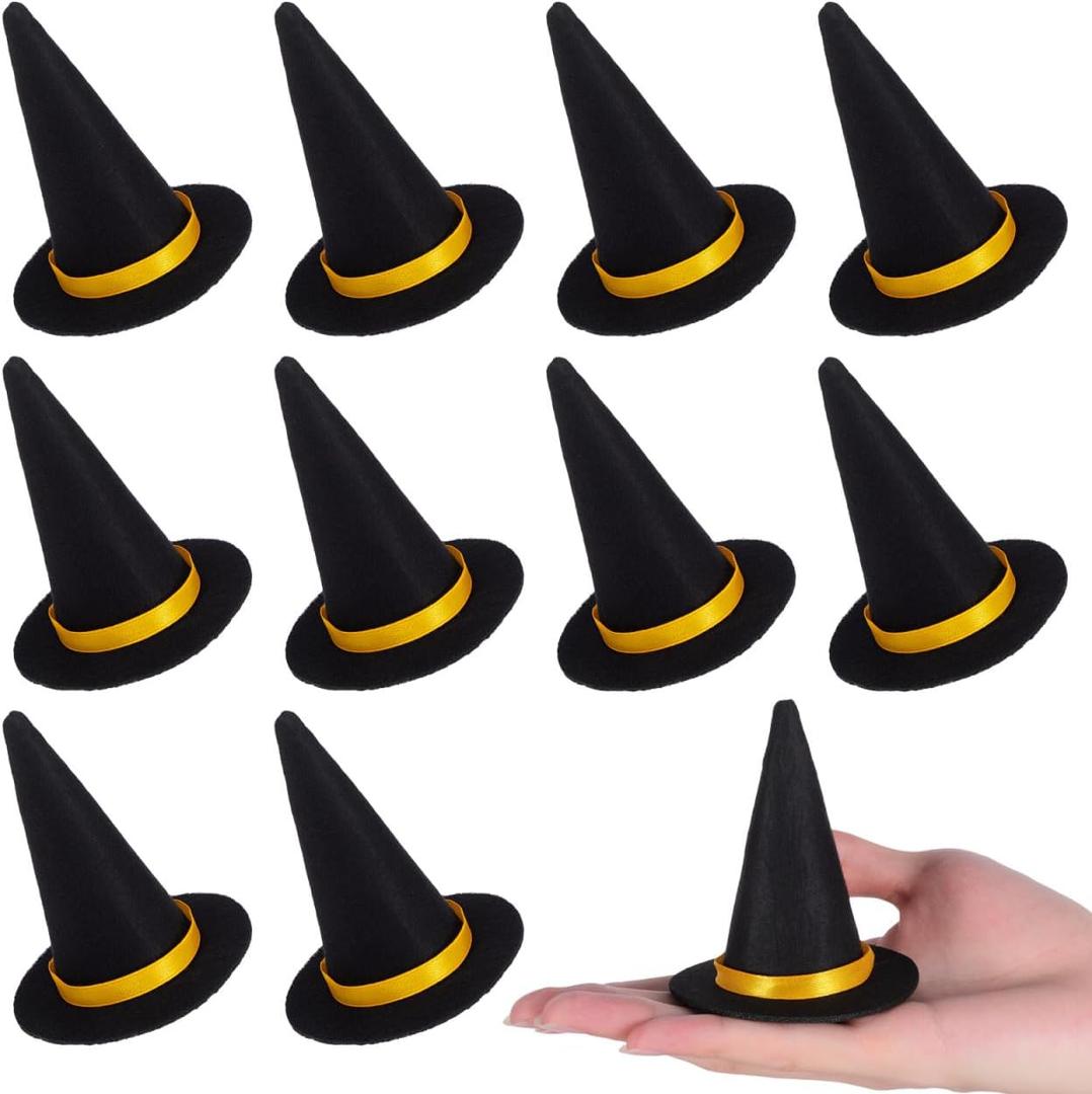 NUOBESTY 10Pcs Mini Felt Witch Hats, Wine Bottle Decor Wine Bottle Toppers Miniature Witch Hat Caps for Halloween Decor, DIY Projects, Dolls, Cupcakes (Black)