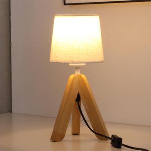 Tripod Table Lamp, Wooden Base Small Lamp, Small Bedside Lamp with Fabric Lampshade, E26 Socket Nightstand Lamp for Nursery, Bedroom, Kid Room, Living Room, Office Decor