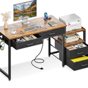 AODK Computer Desk with 4 Drawers & Power Outlet, 53 Inch Reversible Computer Desk with Storage Shelf, Office Desk with Printer Stand, Modern Simple Study Writing Work Table for Bedroom, Rustic Brown