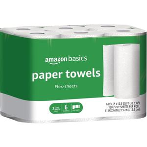 Amazon Basics 2-Ply Flex-Sheets Paper Towels, 6 Basics Rolls = 20 Regular Rolls, Everyday Value with 150 Sheets per Roll