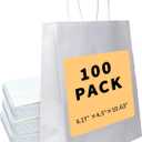 BAG BOX 100 Pack 8.25x4.3x10.6 Inch White Gift Bags with Handles, Bulk Kraft Paper Bags for Shopping, Retail, Merchandise, Wedding, Party Favors, Paper Grocery Sacks