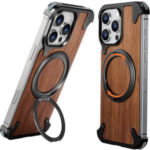 OATSBASF Magnetic Wood Case Compatible with 16 Pro Max 6.9", [Natural Wood & Aluminum] Shockproof Protective Cover Unique Wooden Case with 360 Ring Stand, Black