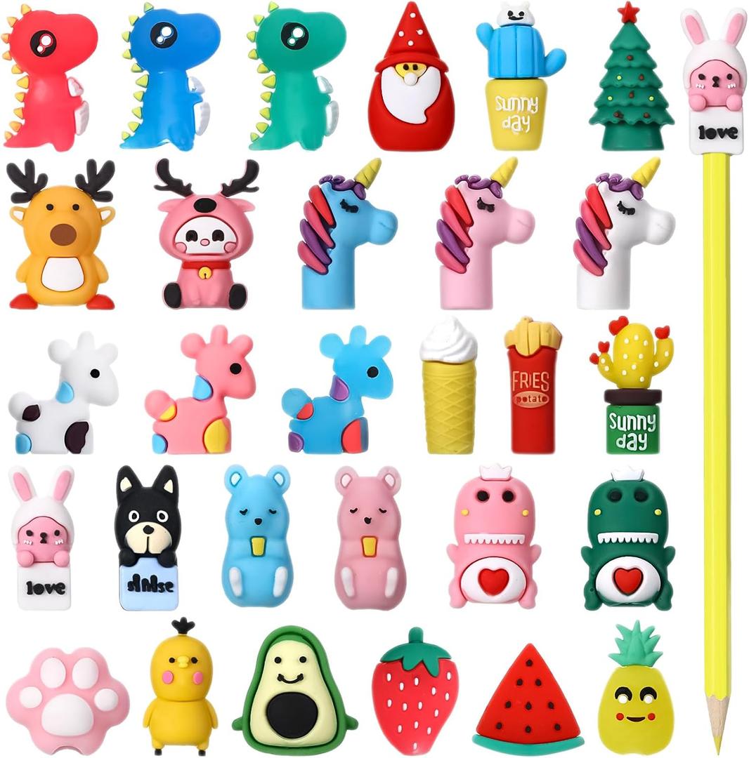 Marspark 30 Pieces Pencil Toppers Animal Pencil Toppers Bulk Dinosaur Christmas Tree Pen Top Charms Decorations Clips for Games Prizes Xmas Party Favors Office Rewards(Mixed Style)