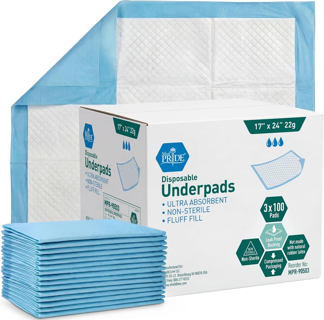 Medpride Disposable Underpads 17'' x 24'' (100-Count) Incontinence Pads, Bed Covers, Puppy Training | Thick, Super Absorbent Protection for Kids, Adults, Elderly | Liquid, Urine, Accidents