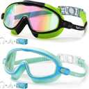 2 Pack Swim Goggles for Kids, No Leak Anti-Fog Anti-UV Swimming Goggles for Boys Girls Children 4-14 (Camo Mir-black & Blue Green)