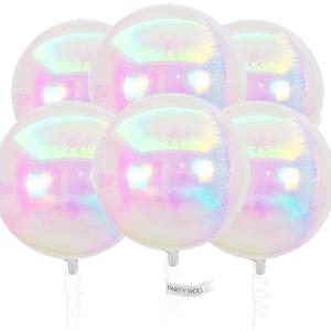 PartyWoo Iridescent Foil Balloons 6pcs 22 Inch Large Round Foil Big Giant 4D Jumbo Inflatable Mirror Ball Mylar Balloons for Wedding Anniversary Birthday Baby Shower Disco Party Decorations