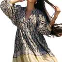 Casual Summer Dresses for Women Boho Vacation V Neck Babydoll Patchwork Floral Puff Sleeve Flowy Short Dress (Beige, L)
