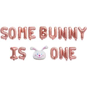 KUNGOON Some Bunny Is One Letter Banner Balloons,Funny Bunny 1st Birthday/Easter Birthday Party Decoration,Bunny Turning One Birthday Party,Rabbit For Girls Birthday Party Decoration.(Rose Gold)