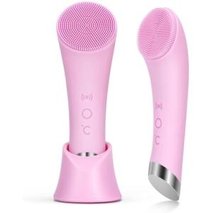 PRITECH Facial Cleansing Brush, Rechargeable Silicone Face Scrubber with Heat Massage End, Vibrating Exfoliator Scrubber for Deep Cleaning, Waterproof Face Brush for Women and Men (Pink)