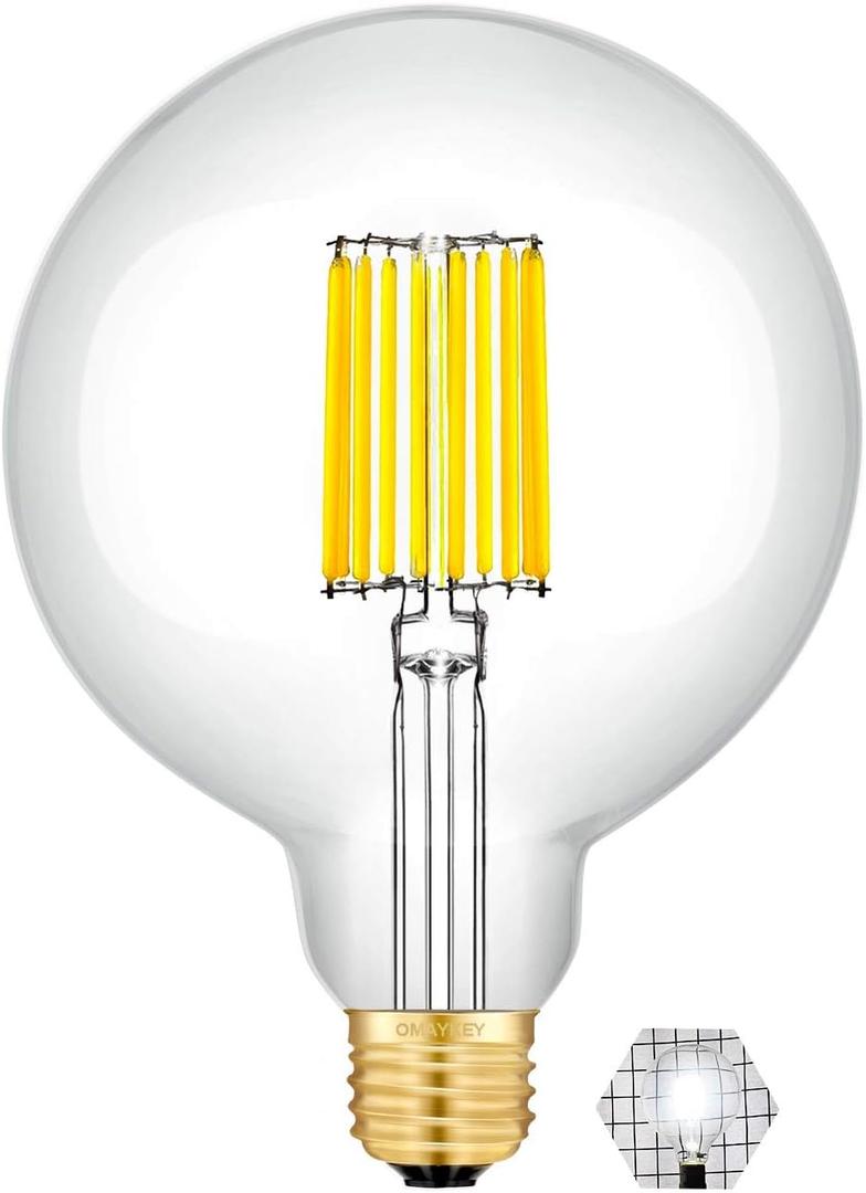OMAYKEY 12W Dimmable Oversize LED Globe Bulb 5000K Daylight White, 100W Equivalent 1000 Lumens, E26 Medium Base, Vintage Edison G125(G40 Replacement) Large Globe Clear Glass LED Filament Light Bulb