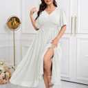SCOMCHIC Women Plus Size Maxi Formal Dresses Wedding Guest Cocktail Short Sleeve V Neck Smocked Slit Long Flowy Dress (White, XXL)