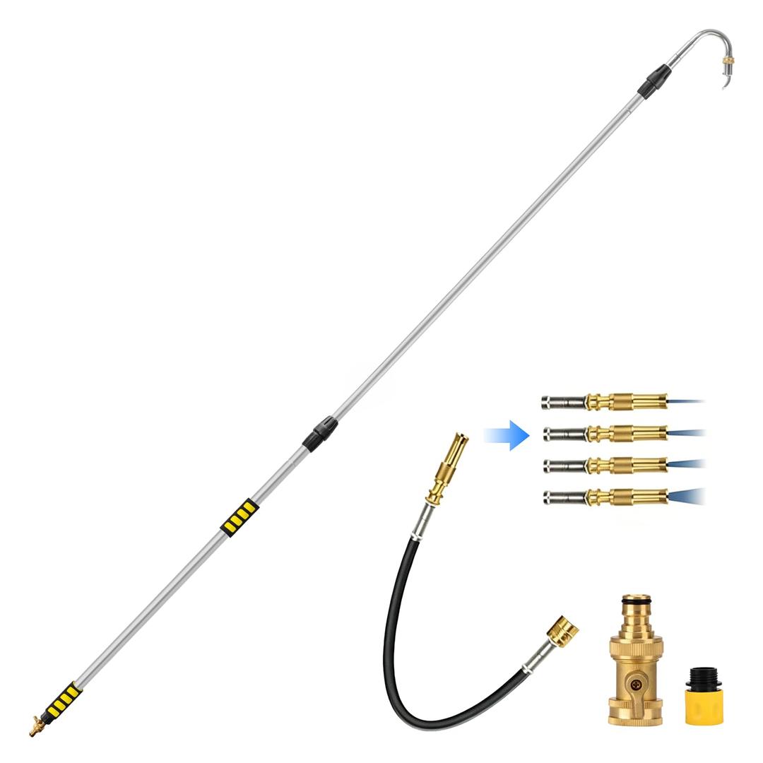 2-IN-1 24FT Reach Gutter Cleaning Tool with Flexible Wand & Curved Wand