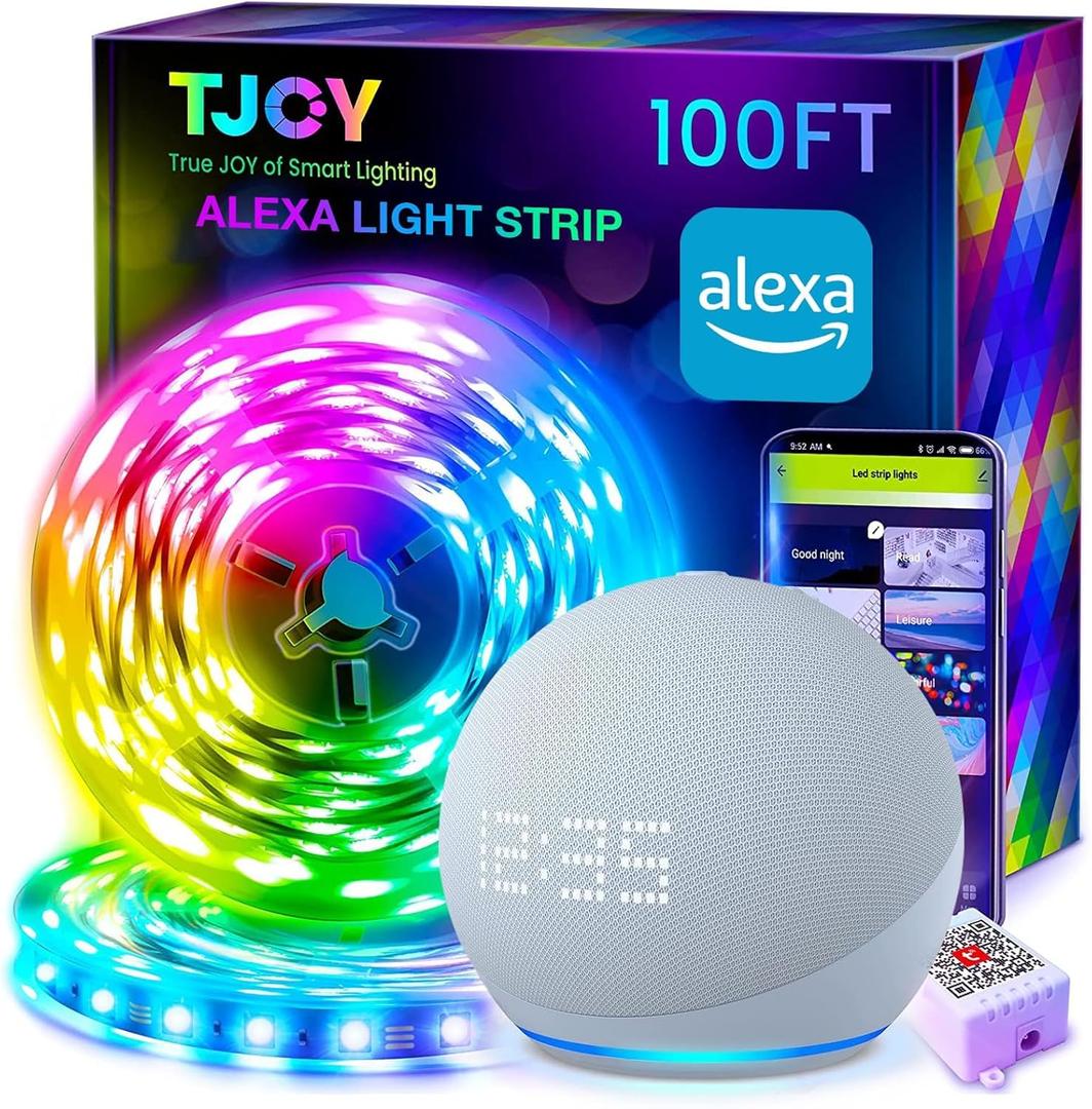 TJOY 100ft Smart Led Strip Lights for Bedroom, Work with Alexa, RGB Color Changing Music Sync Led Lights with App Remote,Multi-Color Wireless Led Strip Lighting for Bedroom (APP+Remote+Voice) (100ft)