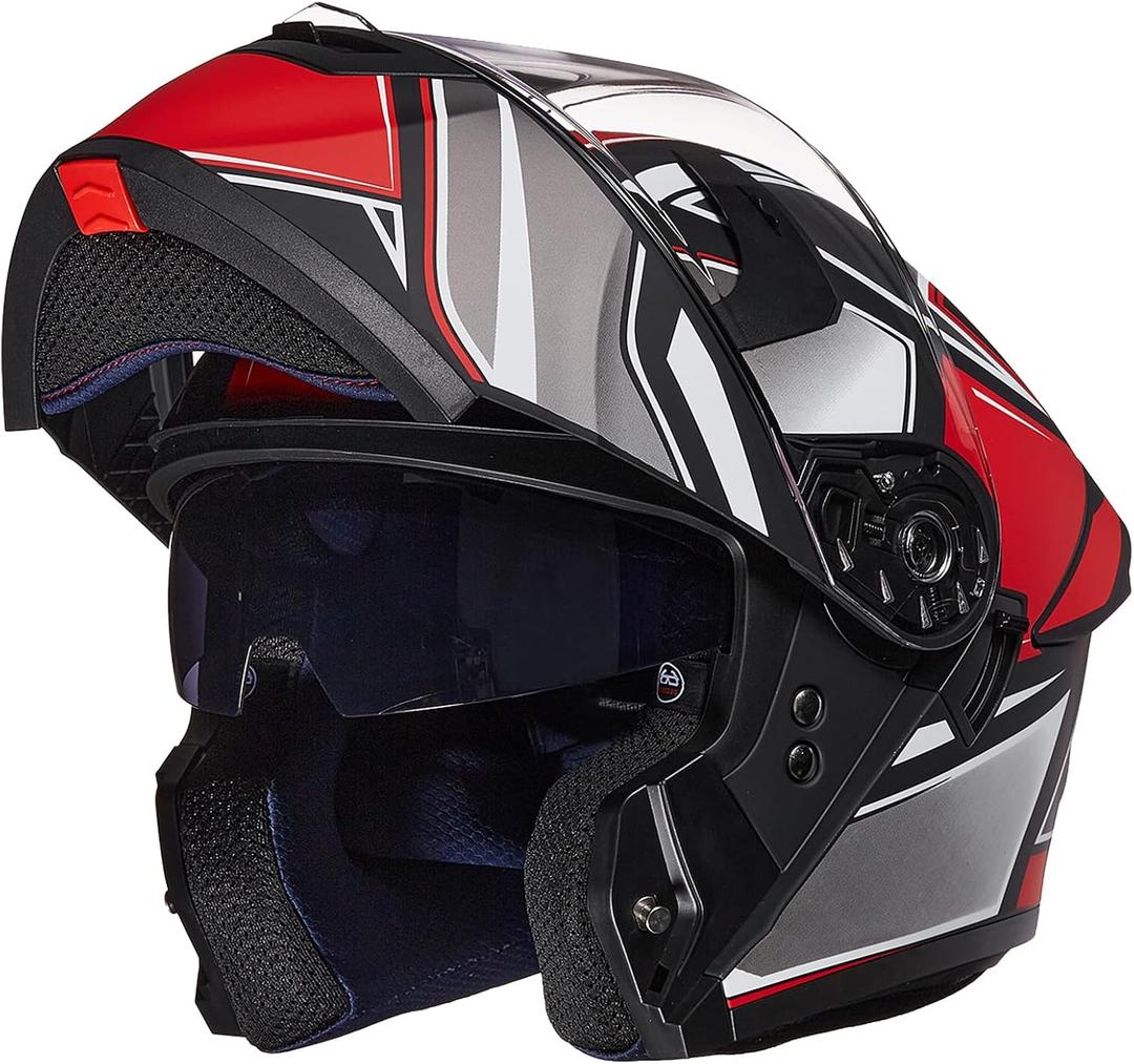 ILM Adult Motorcycle Helmet Dual Visor Flip up Modular Full Face Helmet DOT Model WS206 (Redblack,Medium)