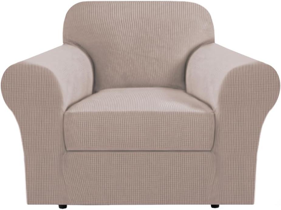 H.VERSAILTEX Stretch T Cushion Armchair Cover 2 Piece Chair Covers for Living Room Furniture Cover Suit for Box Cushion, Spandex Jacquard Fabric Small Checks(Armchair-Oversized, Sand)