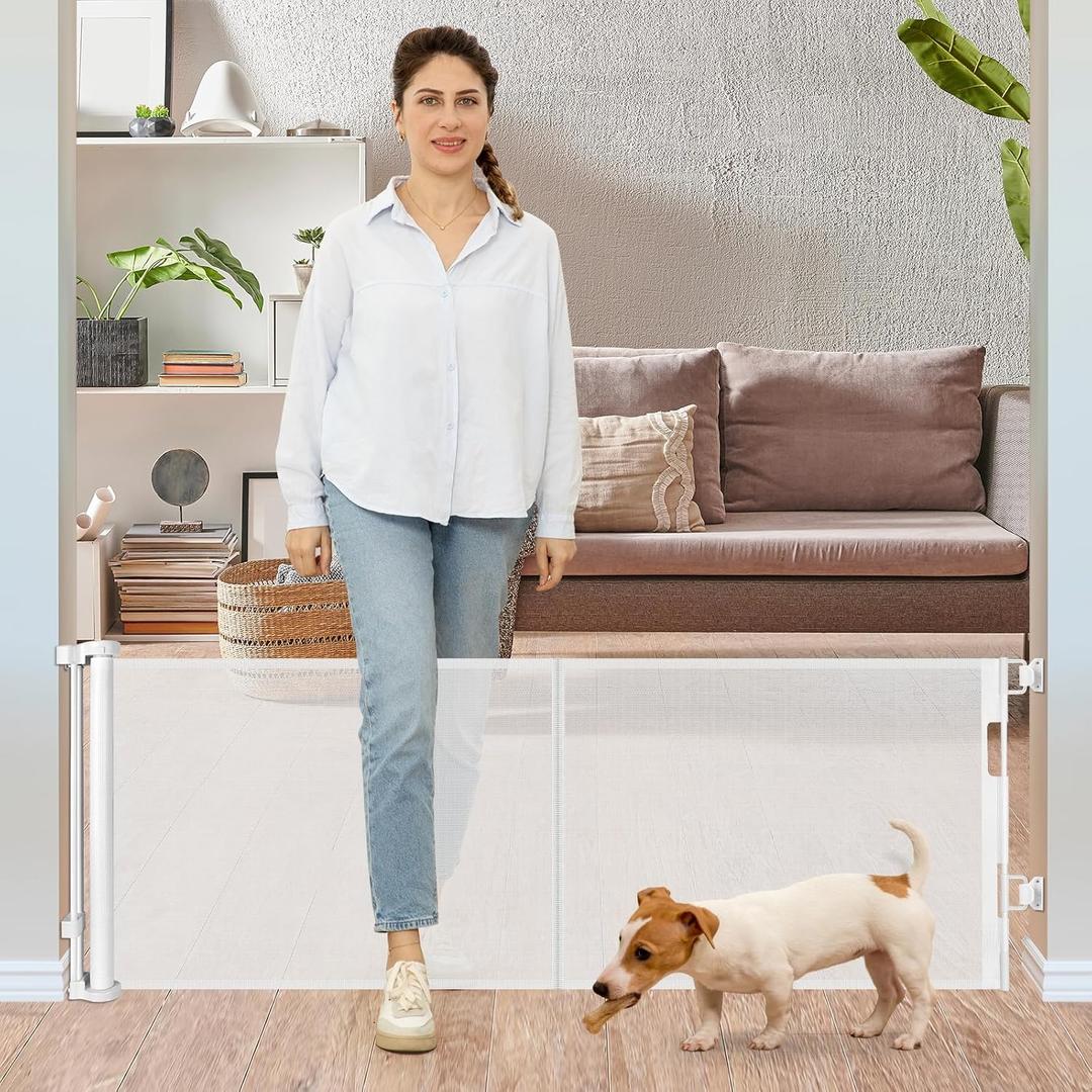 24 Inches Tall Retractable Dog Gate for The House, Short Baby Gates to Step Over, Extends up to 55" Wide, Reinforced Mesh Puppy Gate for Doorways, Step Over Pet Gate for Stairs, Indoor/Outdoor (White)